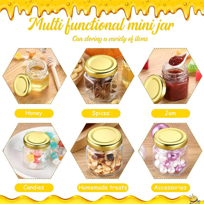 Funnymoom 30 Set 1.5 oz Mini Honey Jars Party Favors in Bulk Hexagon Glass Honey Jar with Dipper Bee Charms Thank You