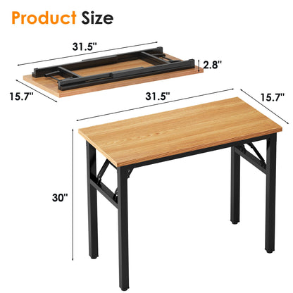 Need 31.5 Inch Folding Desk for Small Spaces, Home Office Computer Desk with Teak Wood Top & Black Frame, Foldable Writing Table for Study, Bedroom, Dorm Room & Student