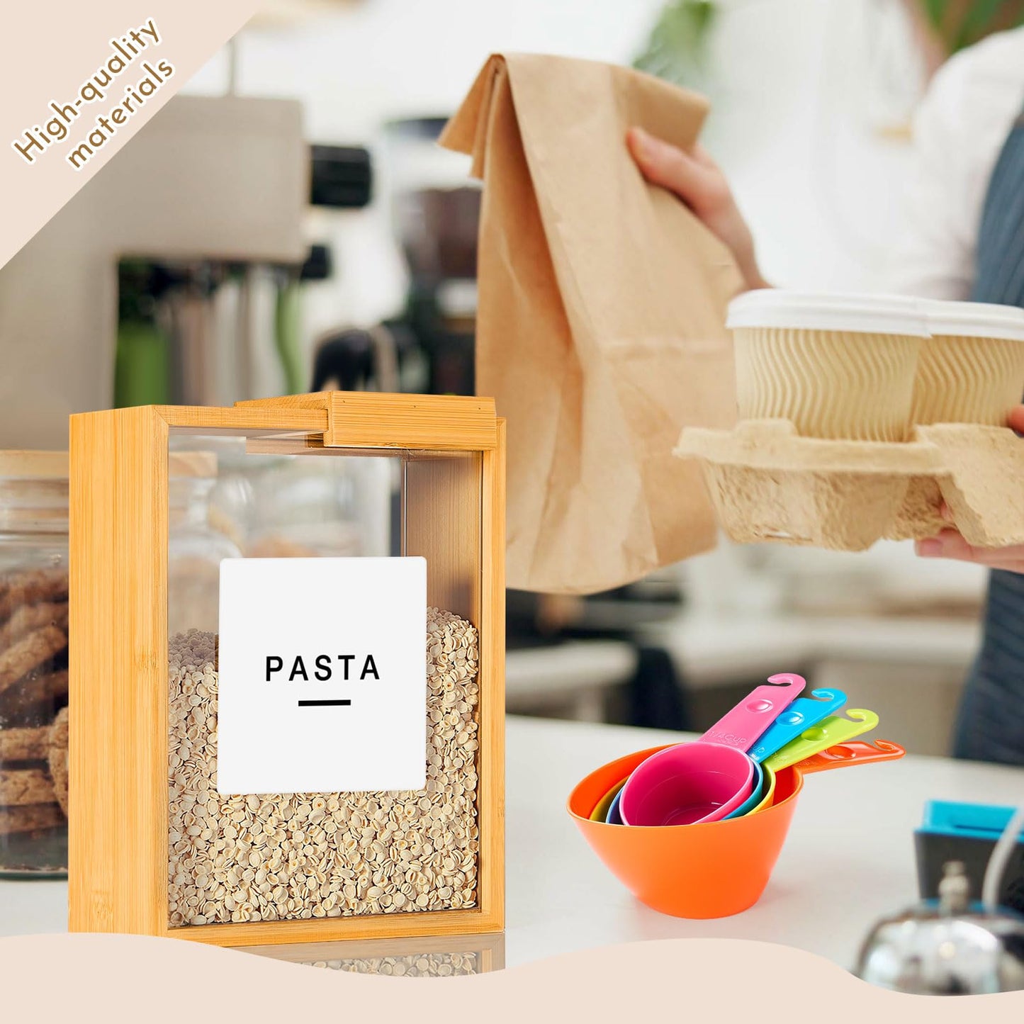 Threehoney 2 Pcs Bamboo Cereal Dispenser 75 Oz/ 2.2 l Kitchen Food Storage Containers with Measuring Cups for Airtight Pantry Organization and Storage Container Cereal Rice Flour Snack Nuts Grains