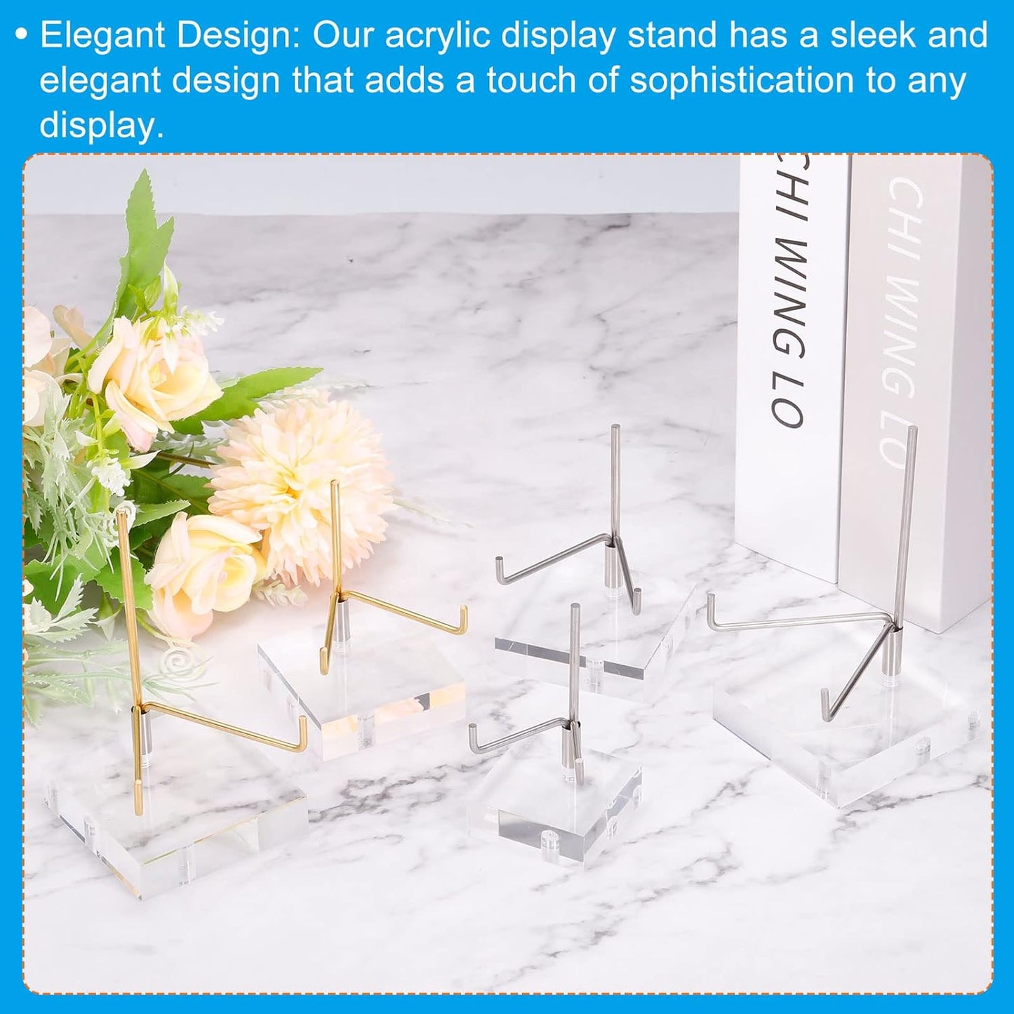PATIKIL 2.4" x 2.4" x 1" Acrylic Display Stands, Brass Arm Crystal Display Stand for Mineral Gemstone