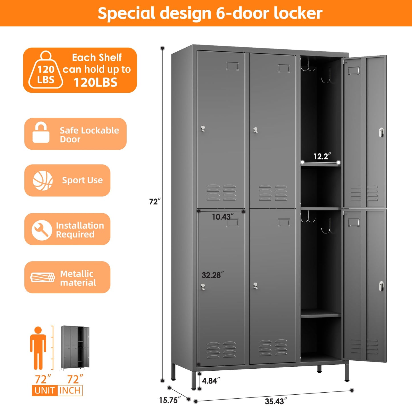 6 Door Metal Storage Locker for Employees,Heavy Duty Steel School Locker with Adjustable Shelves and 18 Hooks,Metal Lockers for Office,Gym,Home,72"H x 35.4"W x 15.75"D,Dark Grey,Assembly Required