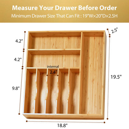Umilife Bamboo Kitchen Drawer Organizer, 13 Inch Silverware Utensil Tray Holder, Extra Deep Grooved Drawer Divider, 7 Slots Total Bamboo Wood Caddy for Flatware Cutlery Knives, Forks, Spoons