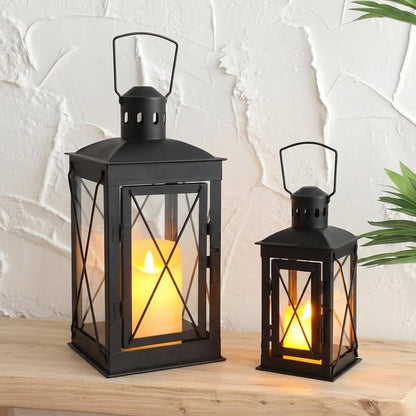 TRIROCKS Set of 2 Decorative Candle Lantern 12'' & 8'' High Metal Candle Holder Hanging Lantern Perfect for Home Decor Patio Living Room Parties Events Tabletop Indoors Outdoors (Black)