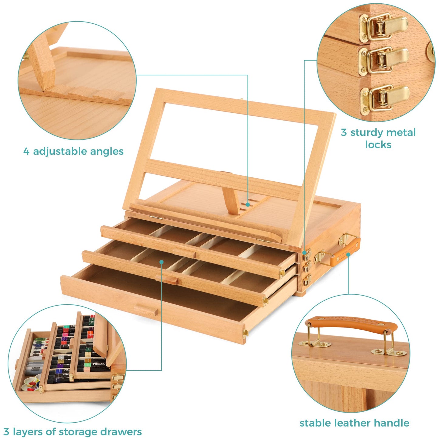 VISWIN Large Tabletop Easel with 3 Storage Drawers, Adjustable Beech Wood Table Top Easel for Painting, Portable Sketch Box for Art Supplies, Desktop Travel Art Easel for Adults, Artists, Students