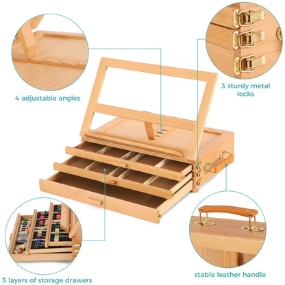 VISWIN Large Tabletop Easel with 3 Storage Drawers, Adjustable Beech Wood Table Top Easel for Painting, Portable Sketch Box for Art Supplies, Desktop Travel Art Easel for Adults, Artists, Students