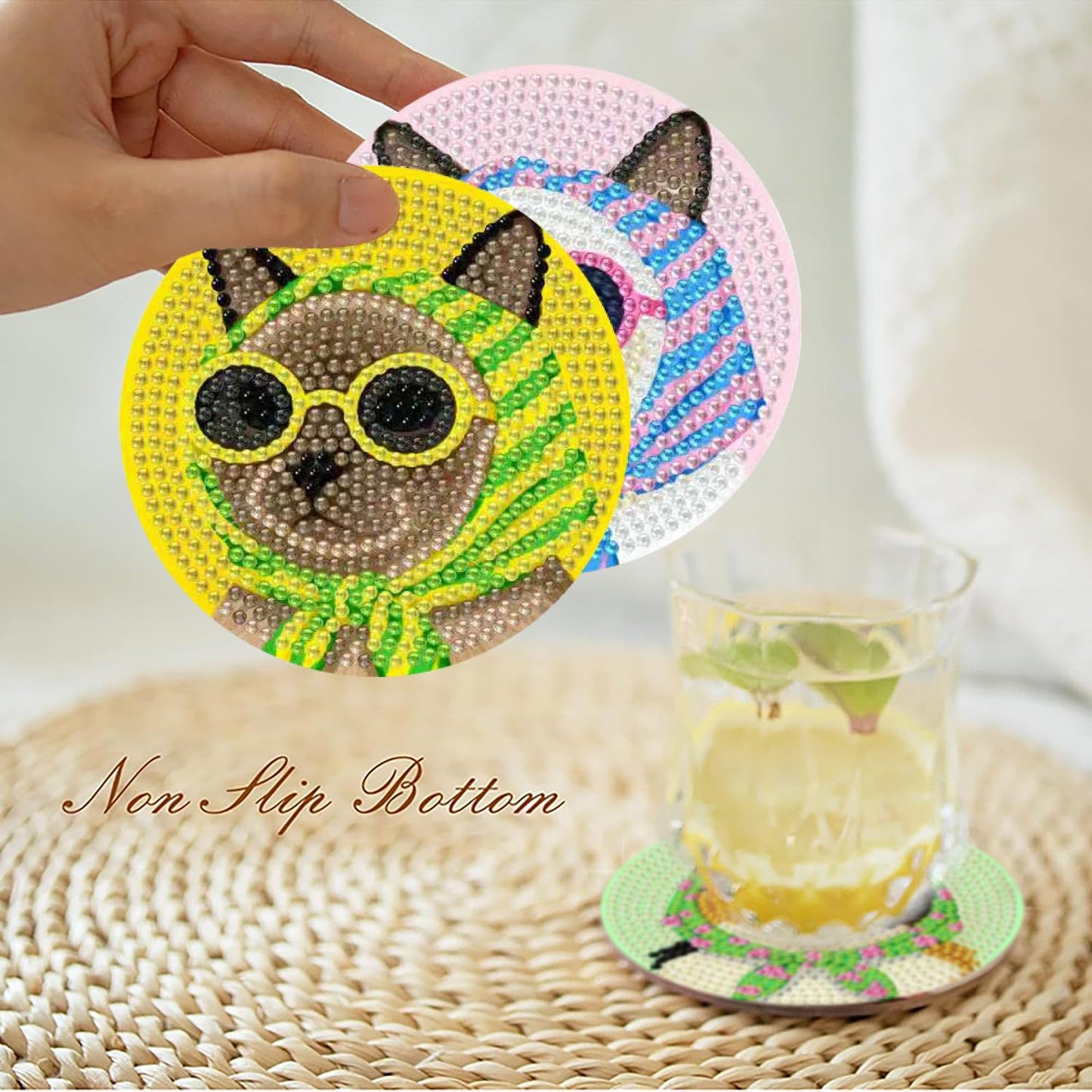 Yijingtop 8 Pcs Retro Cat Diamond Painting Coasters Kits with Holder,Funny Cat Diamond Art Coasters with Wooden Cork,DIY Round Drill Small Diamond Art for Adults for Home Wall Decor