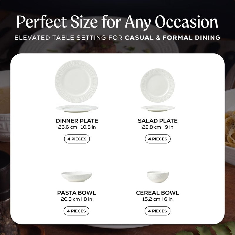 Joseph Sedgh Collection 16-piece Porcelain Dinnerware Set, Service for 4, Greek Key White