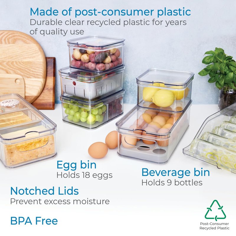 iDesign Crisp 7-Piece Recycled Plastic Refrigerator Organizer Bin Set with Lids, Clear/Gray