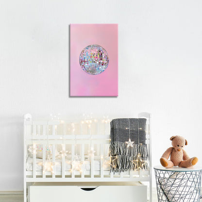 Generic 70s 12x16in Trendy Soft Pink Disco Ball Canvas Wall Art Funky Girl Silver Mirrorball Textured Poster Maximalist