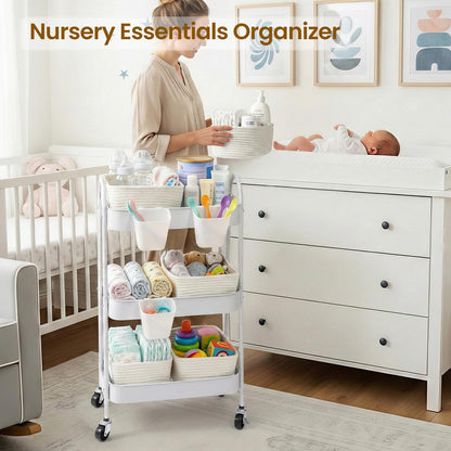 3-Tier Rolling Utility Cart with 4 Woven Baskets, Diaper Book Snack Cart, Storage Organizer for Nursery, Kitchen, Craft Room, Home SPA, Living Room, Metal Frame Trolley on Lockable Wheels, White