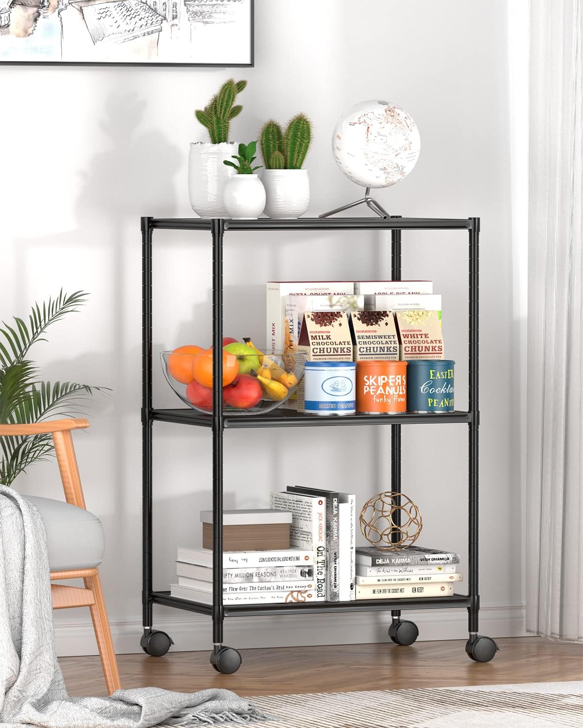 OVICAR 3-Tier Wire Storage Shelves, Adjustable Shelving Units with Wheels for Kitchen Pantry, Bathroom, Garage
