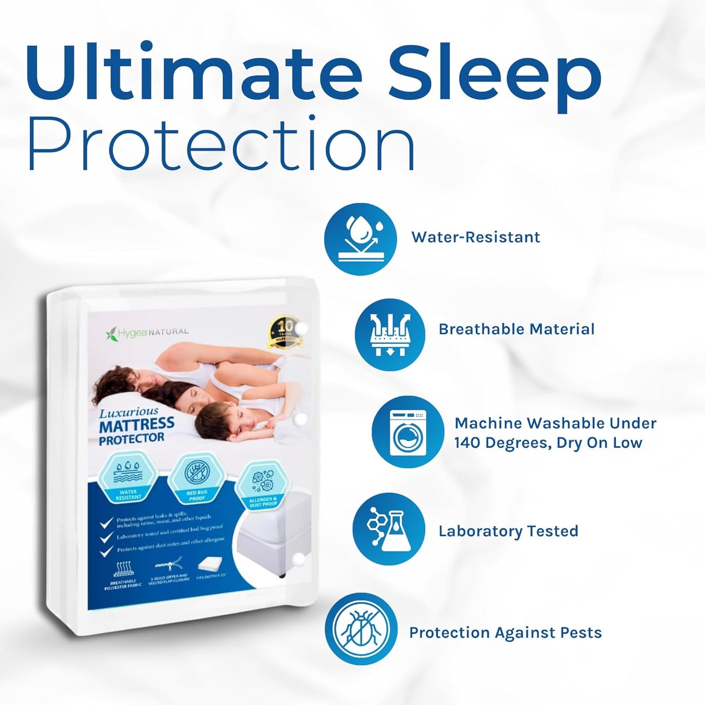 15 Hygea Natural Luxurious Mattress Cover - Water Resistant,Washable, Breathable and Stretchable up to in.- Zippered