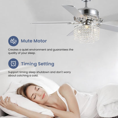 CROSSIO 52 Inch Crystal Ceiling Fan with Light and Remote Control, Modern Chandelier Fan with 5 Reversible Wood Blades Chrome Fandelier for Living Room Bedroom (Fine line Crystal-Ceiling Fan)