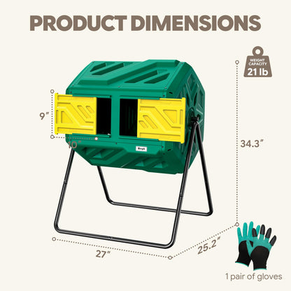 Werph 43 Gallon Compost Bin with Gloves, Fast Assembly & Easy Setup Outdoor Compost Tumbler, Updated Dual Chamber Tumbling Composter for Garden, Kitchen, and Yard Waste, Green