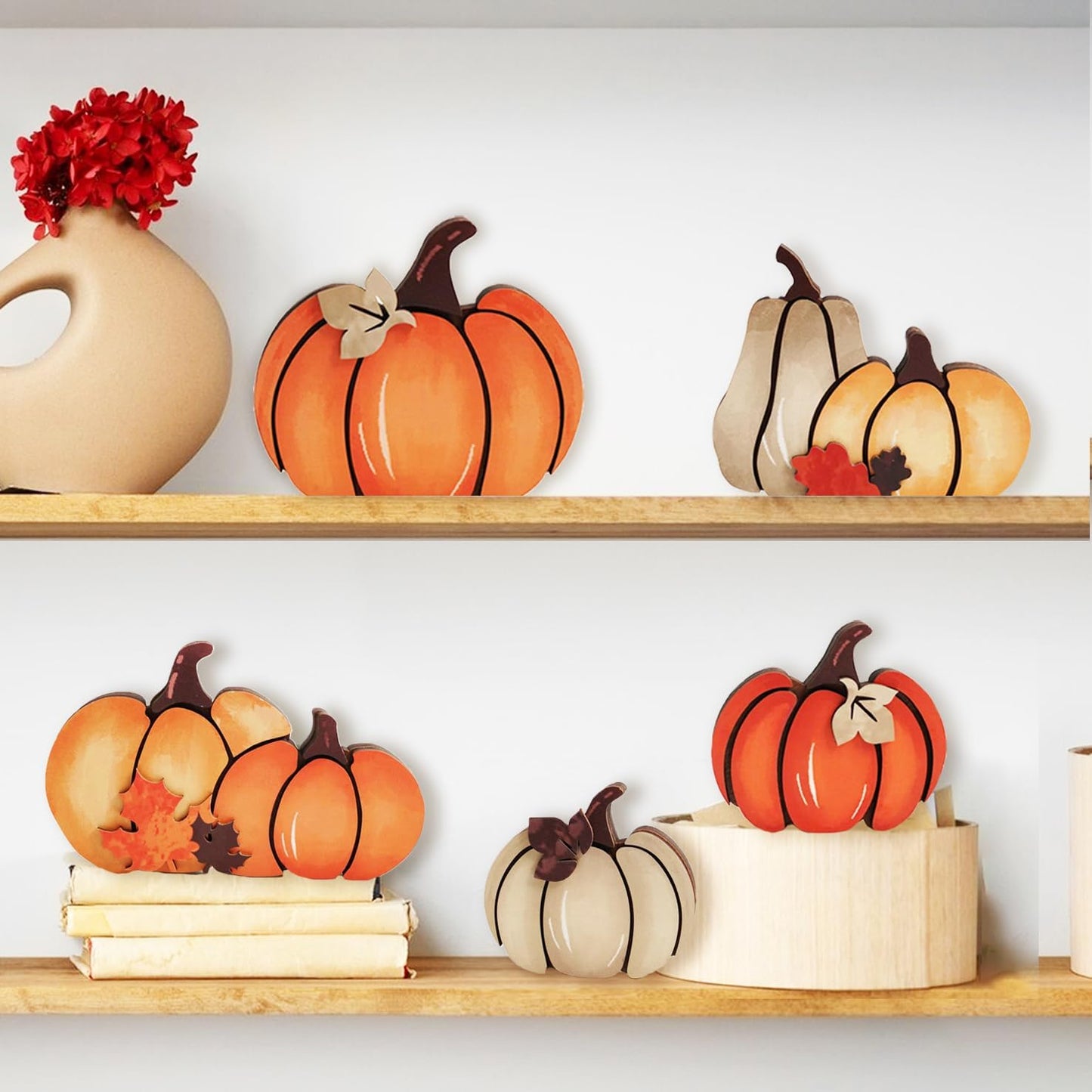 5PCS Wooden Pumpkin Fall Decor- Double Side Fall Pumpkin Decorations for Home Thanksgiving Table Centerpieces for Home, Office, Mantel and Shelf Autumn Decorations (D5)