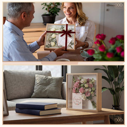 BrightRow 12"x12" Wedding Shadow Box Frame Flower Display Case Kit, DIY Wood Color Picture Gift Box with Lid Deep Glass Case Red Velvet Ribbon for Gift Wrapping Craft Bouquet Flower Keepsake Memory