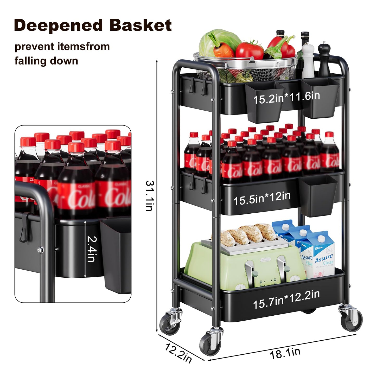 3 Tier Rolling Cart on Wheels, Metal Utility Storage Cart with Wheels, Three Tiered Craft Carts Organizer with Hanging Cups, Hooks, Mesh Basket for Bedside, Kitchen, Bathroom, Office, Art, Snack,Black