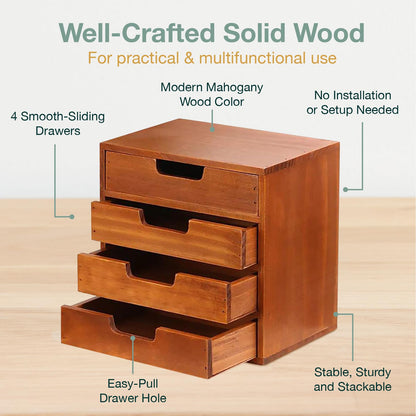 4 Drawer Desktop Storage Organizer in Modern Wood Design (9.8”x6.9”x 9.8”) 4-Drawer Stackable Drawer Unit - Vanity Accessories Organizer (1-Pack)