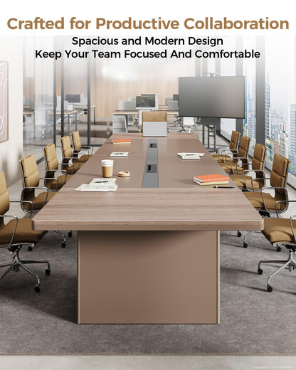 Nuipesn 12-ft Rectangular Conference Table, 142" × 51" Extra Wide Boardroom Table for 12-14 People, Dual Cable Grommets, 1.6" Thick Top, Light Oak & Gray
