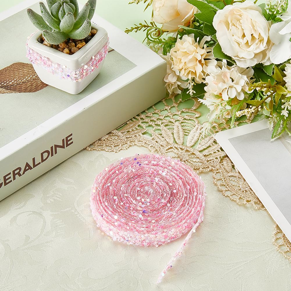 CABODYALS 5.47 Yards 15MM Pink Self Adhesive Rhinestone Ribbon Crystal Sequin Star Sticker Strips Bling Glitter Diamond Rhinestones Trim Tape Wrap Bulk Roll for Crafts Clothes Party Wedding Decoration