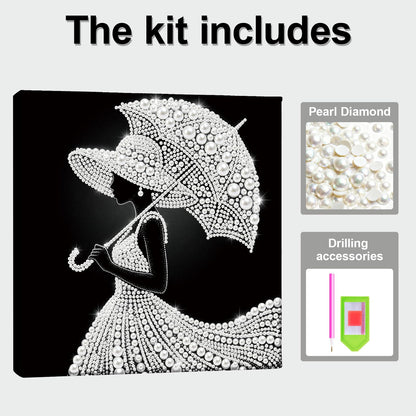 pigpigboss Umbrella Lady Diamond Painting Kit with Wooden Frame, Special Shaped Pearl Diamond Art for Adults Beginners Home Wall Decor (9.84 x 9.84 x 0.59 inches)