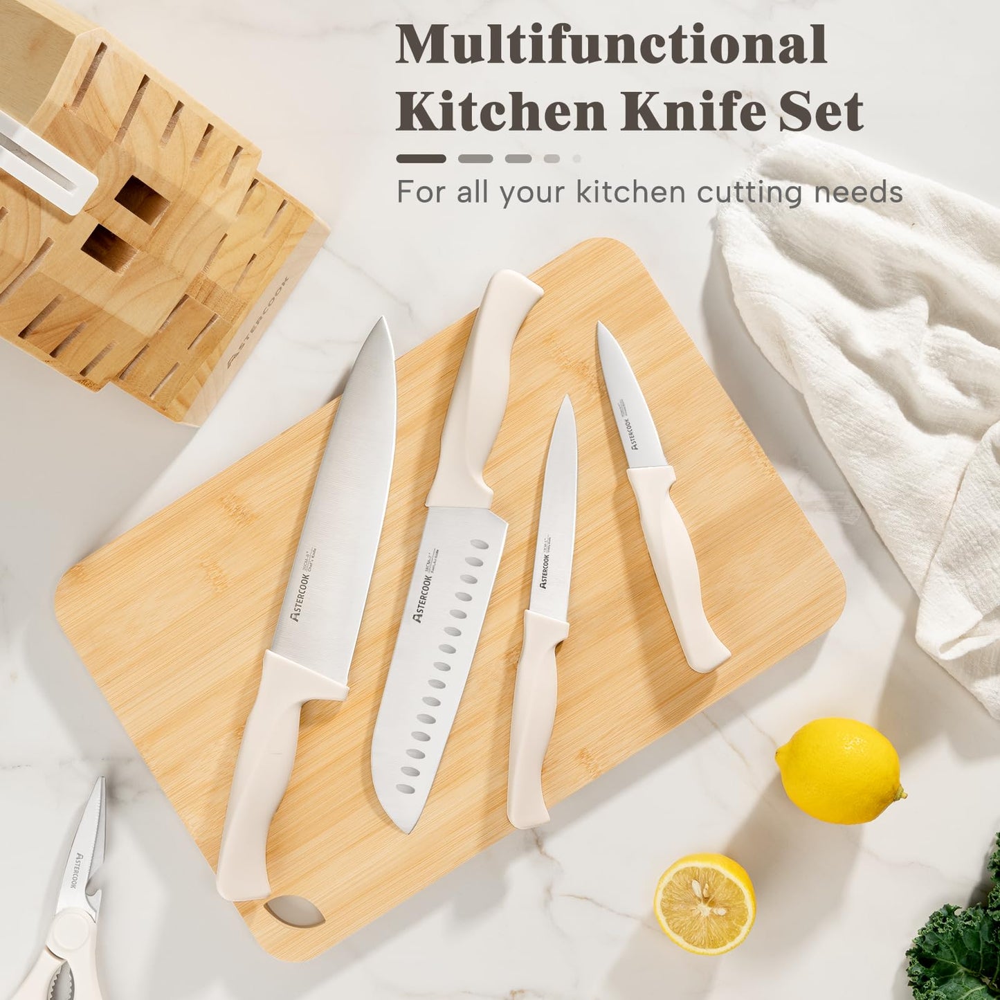 Knife Set, Astercook 22-Piece Kitchen Knife Set with Built-in Sharpener Block, High Carbon Stainless Steel Knives, Dishwasher Safe, Non-Slip Handle, Elegant Cream White Design, Perfect Holiday Gifts