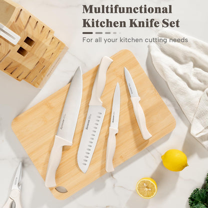 Knife Set, Astercook 22-Piece Kitchen Knife Set with Built-in Sharpener Block, High Carbon Stainless Steel Knives, Dishwasher Safe, Non-Slip Handle, Elegant Cream White Design, Perfect Holiday Gifts