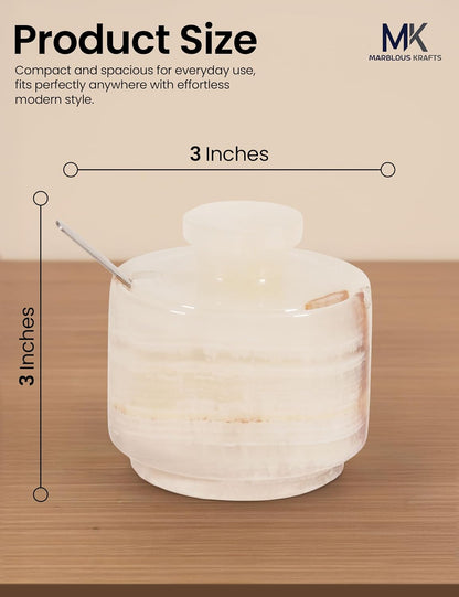 Spoon3 Inch Countertop Salt Cellar with Lid and White Onyx Salt and Pepper Dish, Marble Sugar and Salt Bowls, Ideal