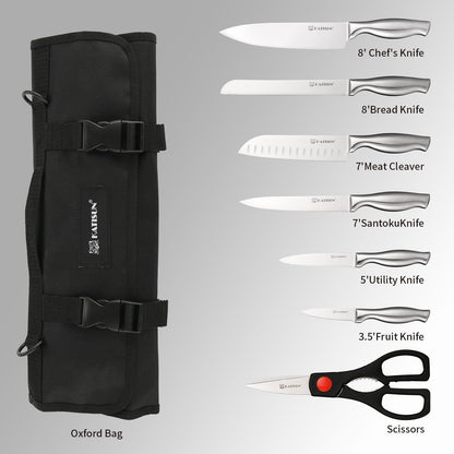 KATISUN Knife Set Roll Bag, 8 Pieces German High Carbon Stainless Steel Chef Knives with Hollow Handle, with Portable Knife Roll Storage Bag, Blade Guards, Kitchen Shears for Outdoor Camping Travel