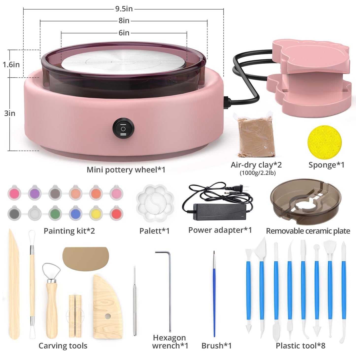 Skirfy Mini Pottery Wheel for Beginners Adults with Foot Pedal9.5" Ceramic Machine for Kids Art Craft Glow in Dark Kits 2.2LB Air-Dry Clay,Carving Tools Adjustable Speed,DIY Projects Birthday Gift