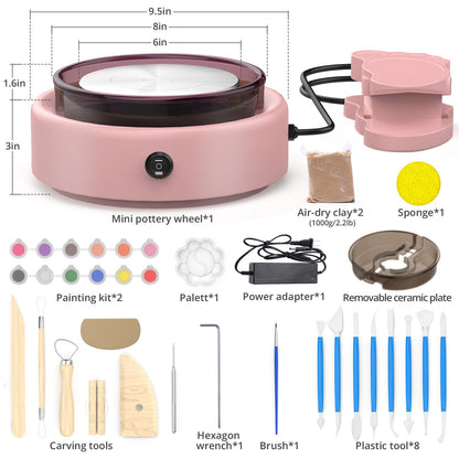 Skirfy Mini Pottery Wheel for Beginners Adults with Foot Pedal9.5" Ceramic Machine for Kids Art Craft Glow in Dark Kits 2.2LB Air-Dry Clay,Carving Tools Adjustable Speed,DIY Projects Birthday Gift