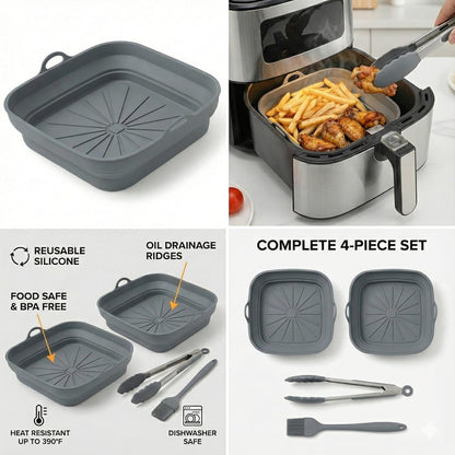SAMIA 8 Inch Silicone Air Fryer Liners Set - 4 Piece Non-Stick, Dishwasher Safe Accessories with Basting Brush & Food Tong