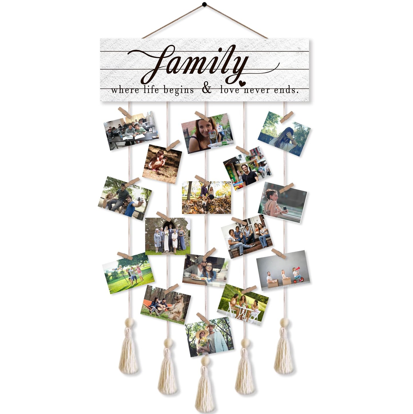 Gwisml Photo Wall Display,Collage Picture Frame,Clip Photo Holders for Wall,Wooden Hanging Photo Display with 16 Clips 5 Strings,Family Where Life Begins and Love Never Ends Sign Wall Decor