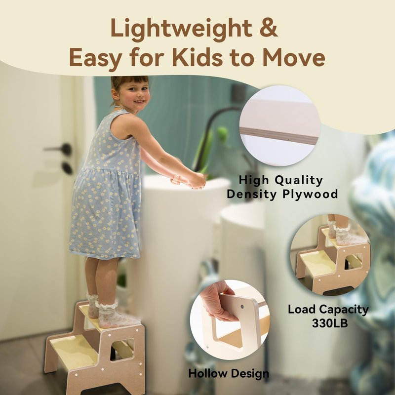 OgiOgi Toddler Step Stool, 2 Step Wooden Toddler Kitchen Stool Helper for Bathroom Sink, Toilet & Potty Training, 330lbs Capacity Stools for Kids with Safe Non-Slip Pads and Handles-Blue & White(2PCS)