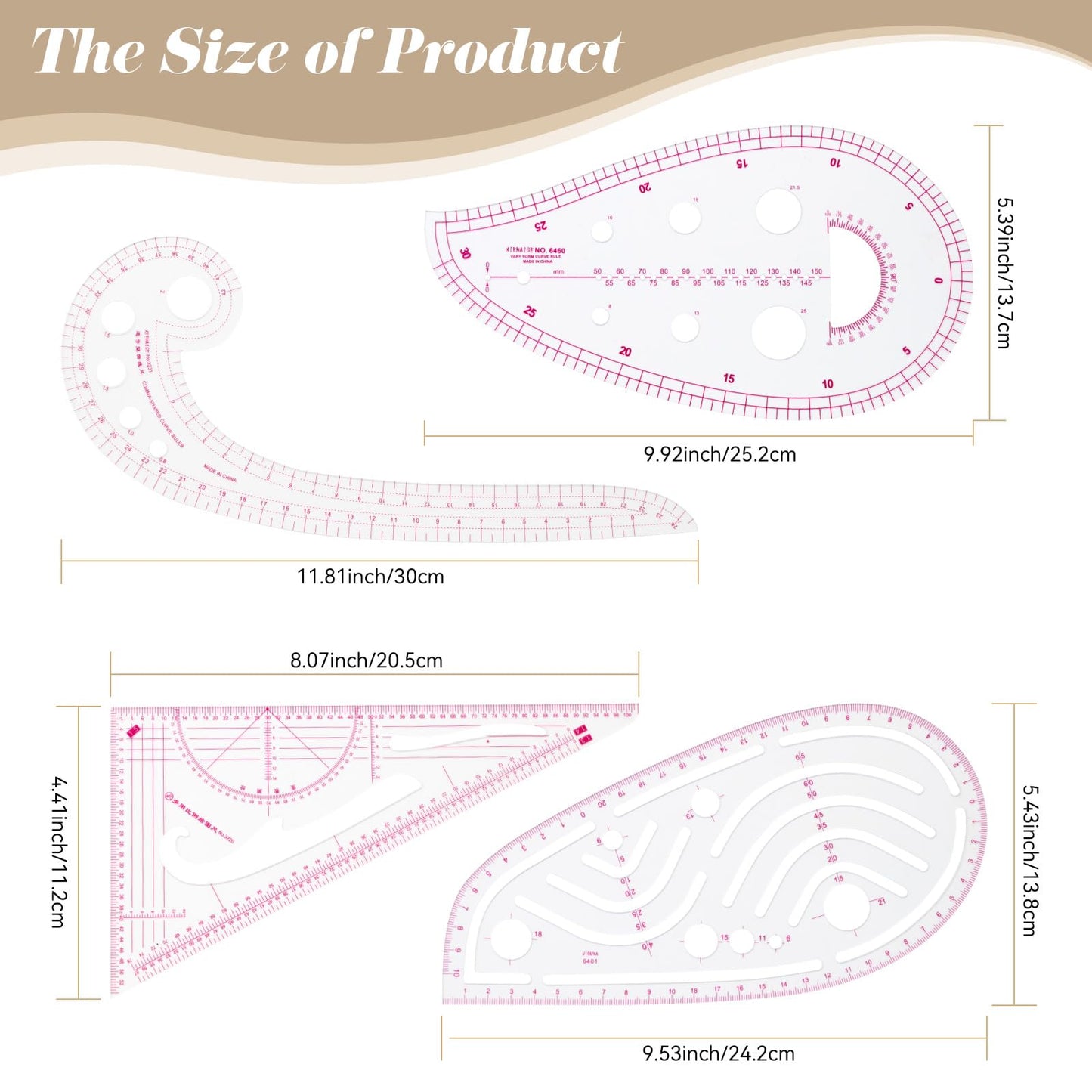 CINDALOG Clear Metric Sewing Ruler Set French Curve Pattern Ruler Kit for Beginners Tailors Designers Dress Makers Ruler Precision Quilting and DIY Supplies Perfect for Drawing, Craft, Sewing (9)