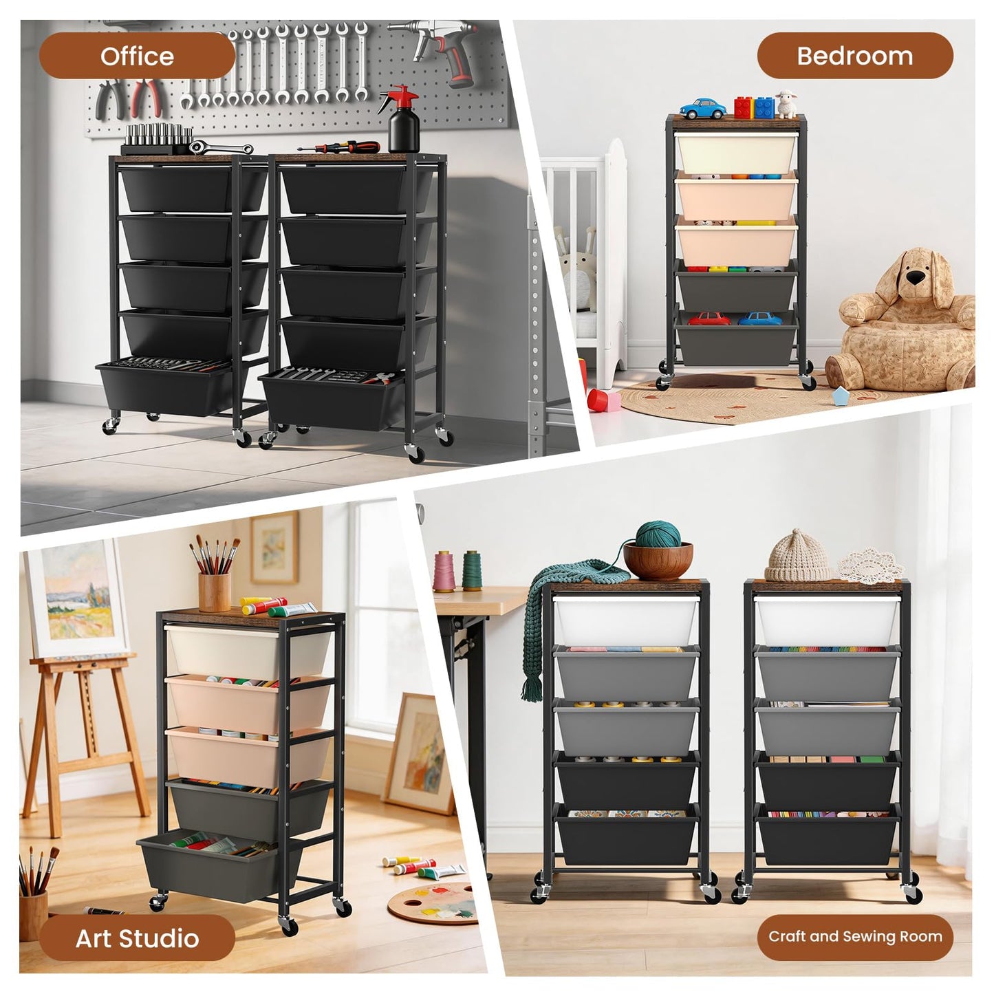 Rolling Cart with 5 Drawers, Plastic Drawer Storage Carts with Wheels & Wooden Tabletop, Metal Utility Cart for Office Bedroom Living Room Classroom, Craft Organization and Storage, Black