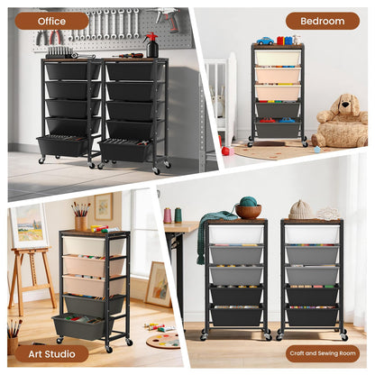 Rolling Cart with 5 Drawers, Plastic Drawer Storage Carts with Wheels & Wooden Tabletop, Metal Utility Cart for Office Bedroom Living Room Classroom, Craft Organization and Storage, Black