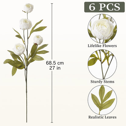 Sousi 6 PCS Artificial Silk Peony Fake Flowers, 27" Long Stem Peonies Bulk for Tall Vases DIY Wedding Bouquet Centerpieces Floral Arrangements Fillers Home Decor, Ivory