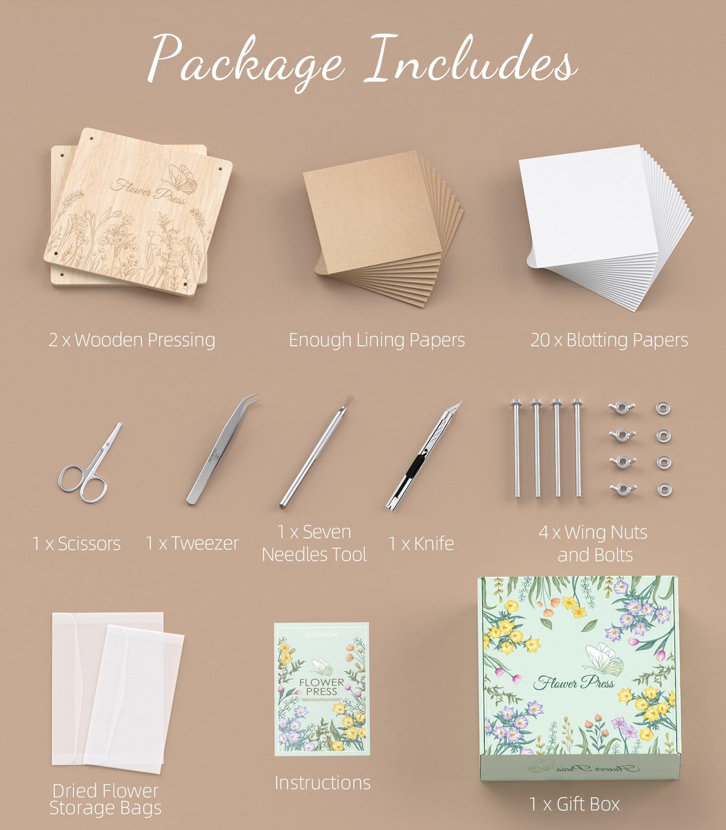 Wakhow Flower Press Kit – 11" x 11" Large Wooden Flower Presser for Adults & Teens | DIY Bouquet Preservation & Dried Flower Art | Ideal Gift for Nature & Craft Lovers