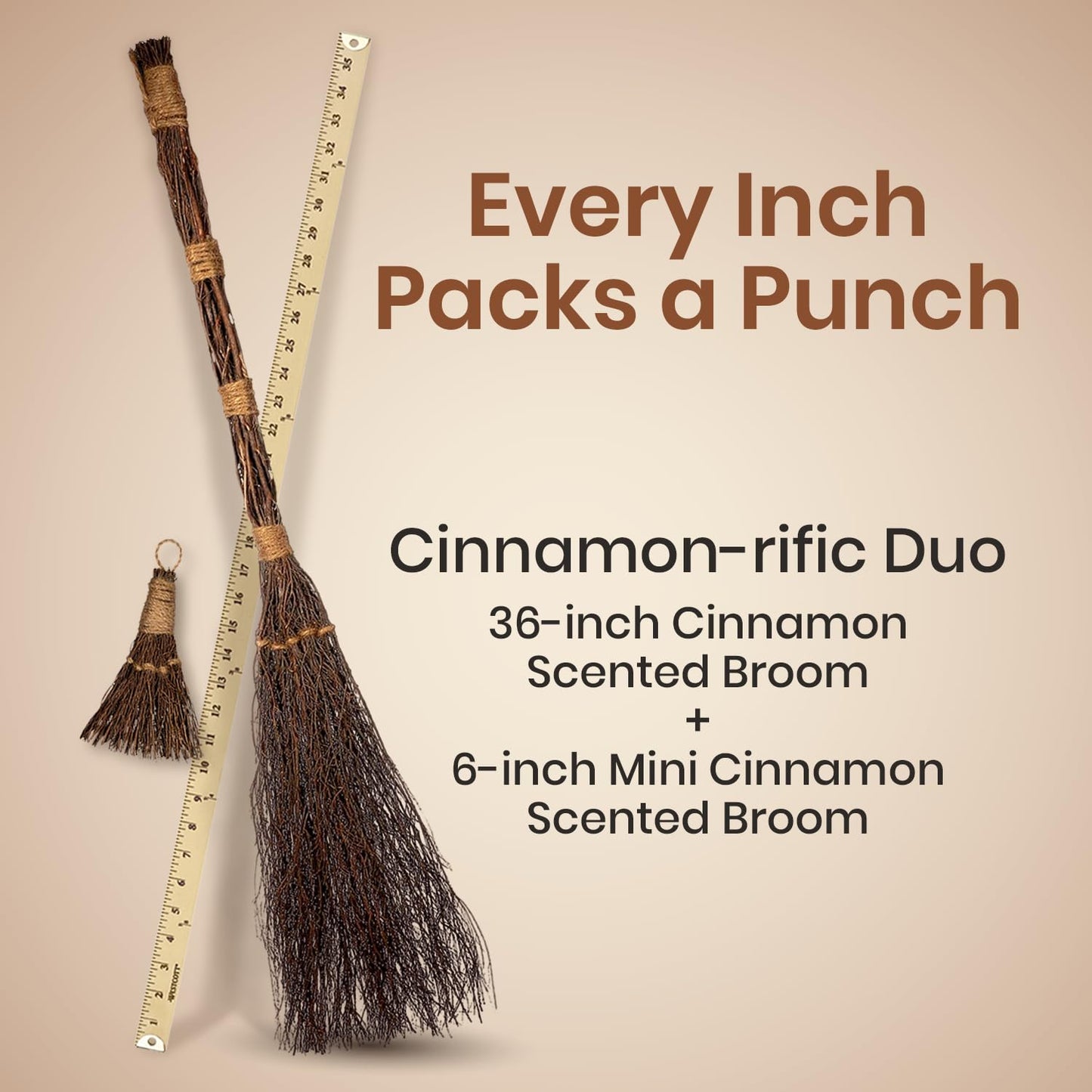 Cinnamon Brooms 36" and 6" - Cinnamon Broomstick Scented Combo - Mini Broom 6" & Large Broom 36" - Witches Broom Cinnamon Broomstick Decoration for Halloween - Mini Cinnamon Broomstick Scented Broom