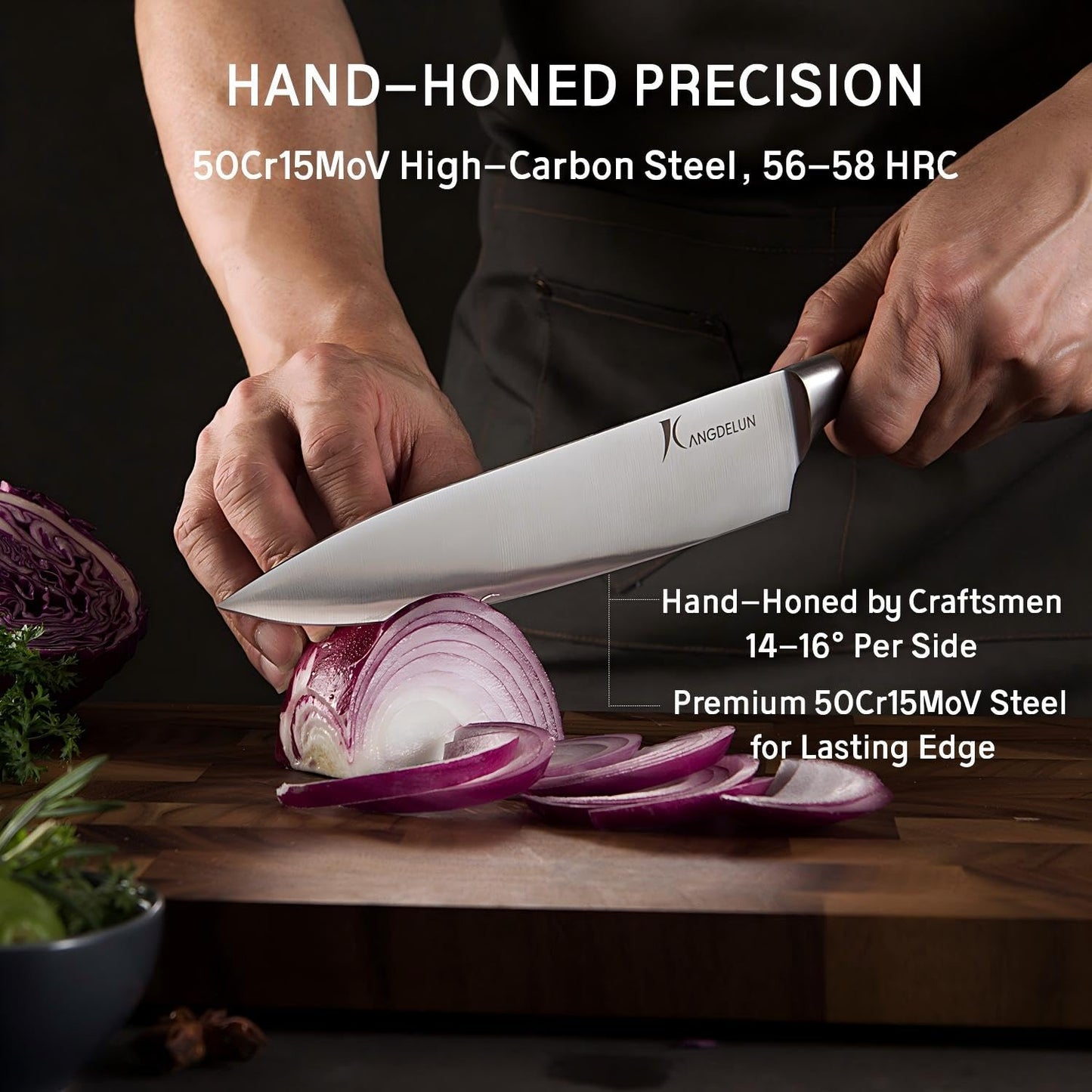 Kangdelun Ultra Sharp 14-Piece Kitchen Knife Set, High Carbon Stainless Steel Blades, Torrefied Brown Wood Handles, Ergonomic Design, Space-Saving Black-Finished Wood Block, Easy Hand Wash, Gift Box