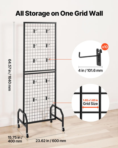 VEVOR Grid Wall Panel, 1.9 x 5.4 ft Wire Grid Panels Display Rack, Movable Art Display Shelf with Wheels and 10 Hooks, Black Carbon Steel Gridwall for Craft Show, Decoration, Storage, Notice Board