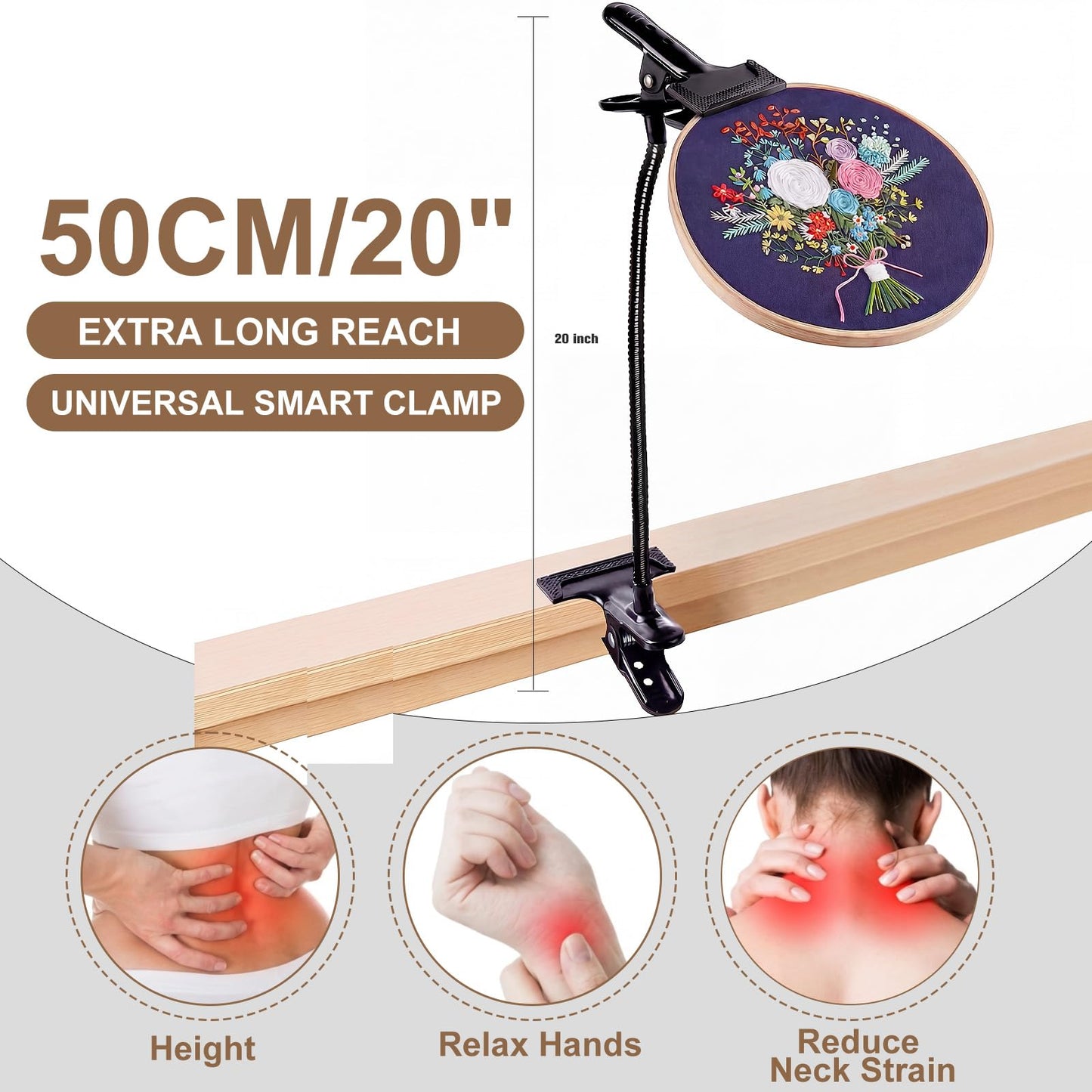 Adjustable Embroidery Hoop Stand Holder, 20" Extra Long Portable Gooseneck Embroidery Stand, Heavy Duty Cross Stitch Table Clamp for DIY Needlework Art Craft Sewing Projects