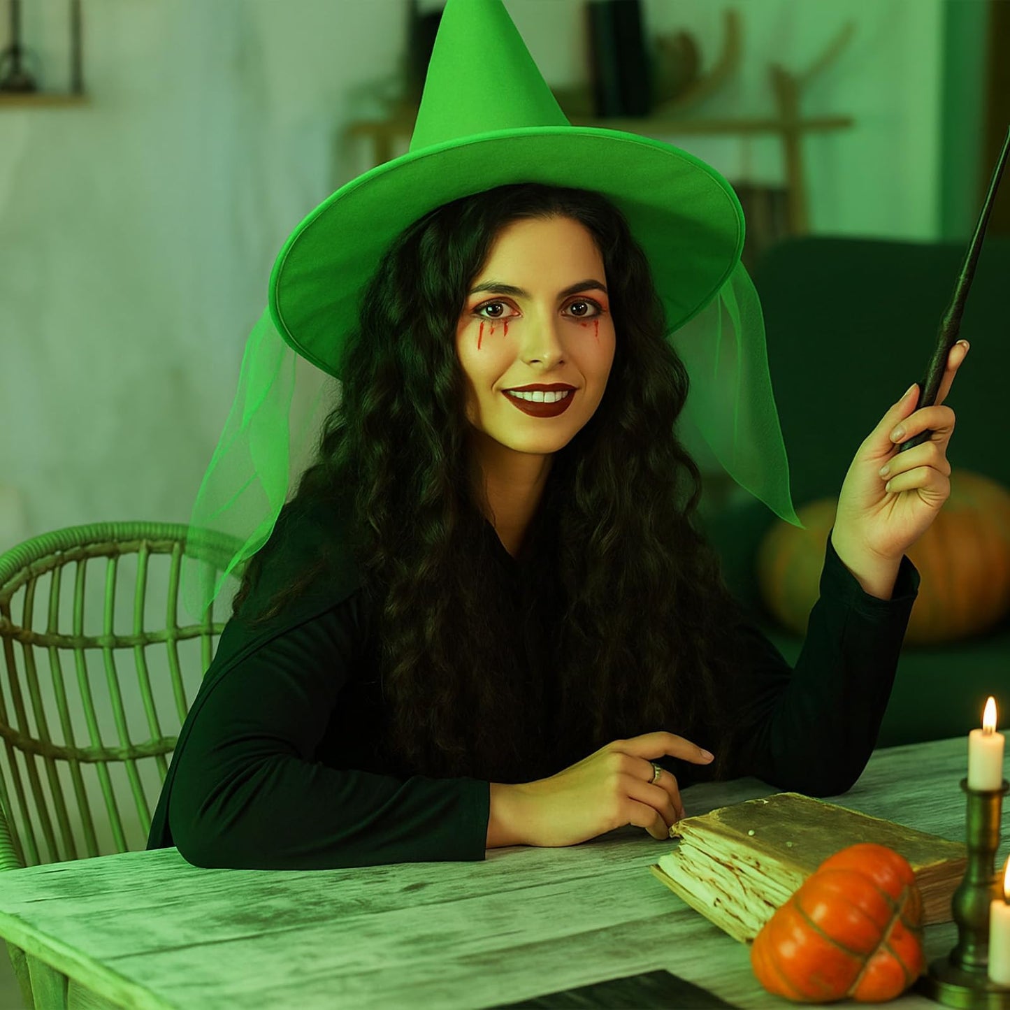 Geyoga Halloween Witch Hat Costume Accessory Women Fairy Adult Wizard Hats with Tulle Fabric for Halloween Party Cosplay Decoration