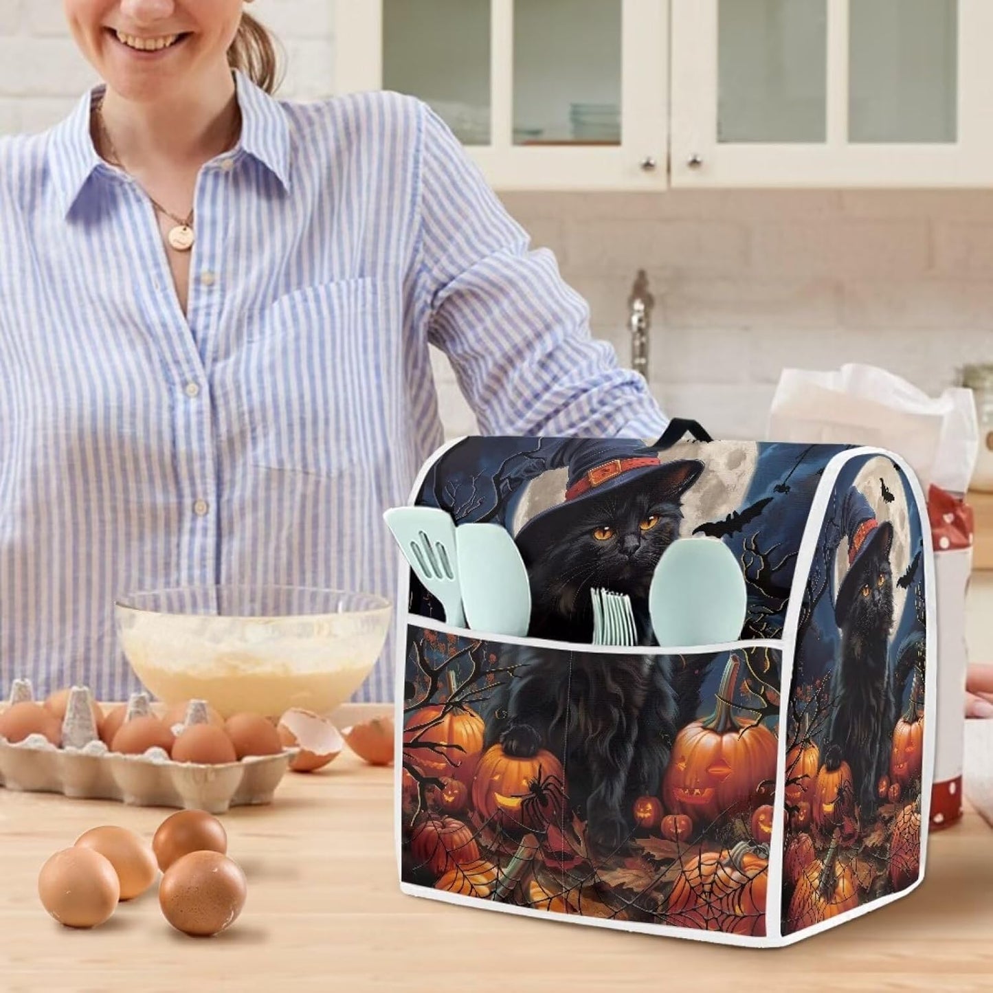 Black Cat Stand Mixer Cover, 6-8 Quart Pumpkin Bat Kitchen Appliance Covers for Dust Protection