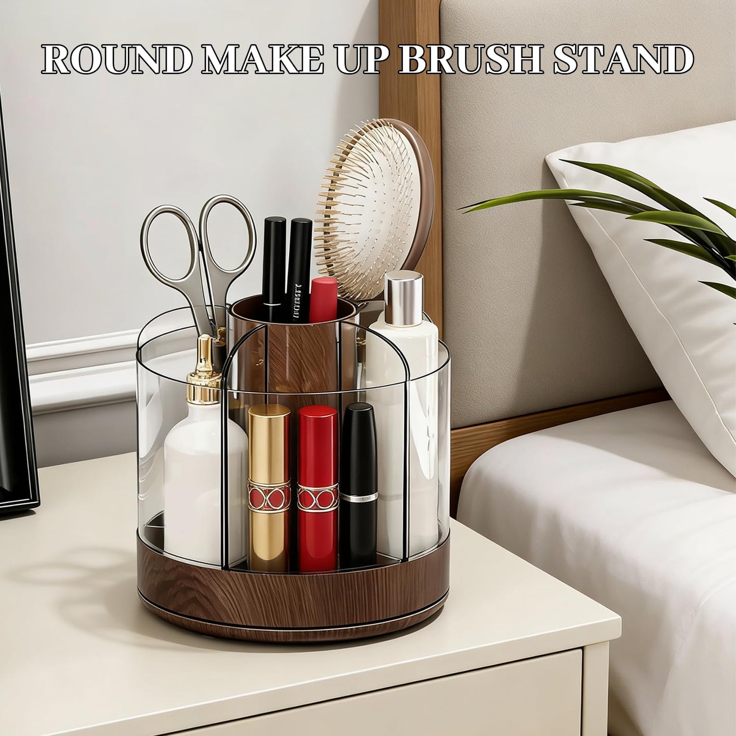 NULANCITIDE 360 Spinning Makeup Brush Holder, Acrylic Organizer with 6 Removable Compartments, Rotating Pen Holder for Desk, Bathroom Vanity Desktop Organizer for Cosmetics Art, Walnut