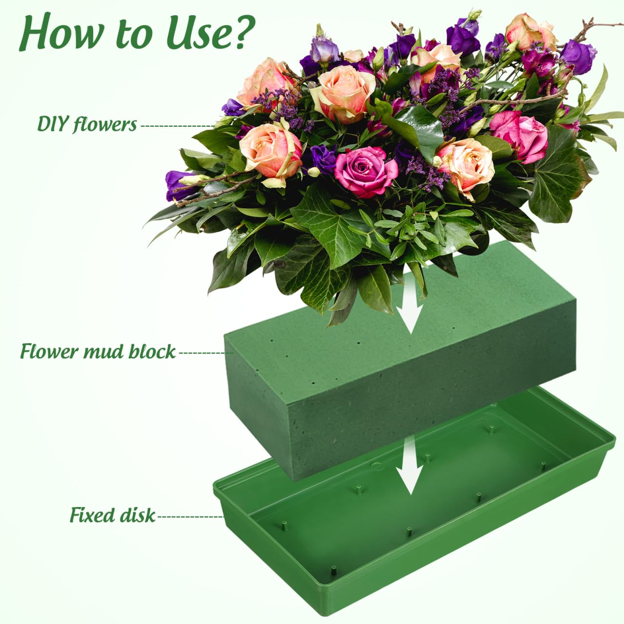 YARNOW 10 Pcs Floral Arrangement Tray Rectangle Flower Foam Base for Centerpiece, Green Plastic Dish with Prongs for Wedding Party Decoration, Bases para Arreglos