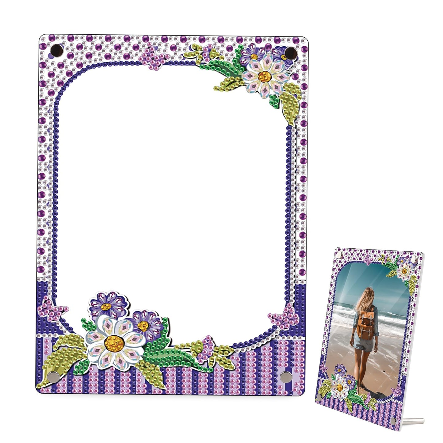 antor 5D Diamond Painting Kit Photo Frames with Stand Purple, Diamond Art Photo Frame Kits Desktop, 5D Special Shape Crystal Rhinestones Diamond Art Kits for Living Room Office Table Christmas Decor