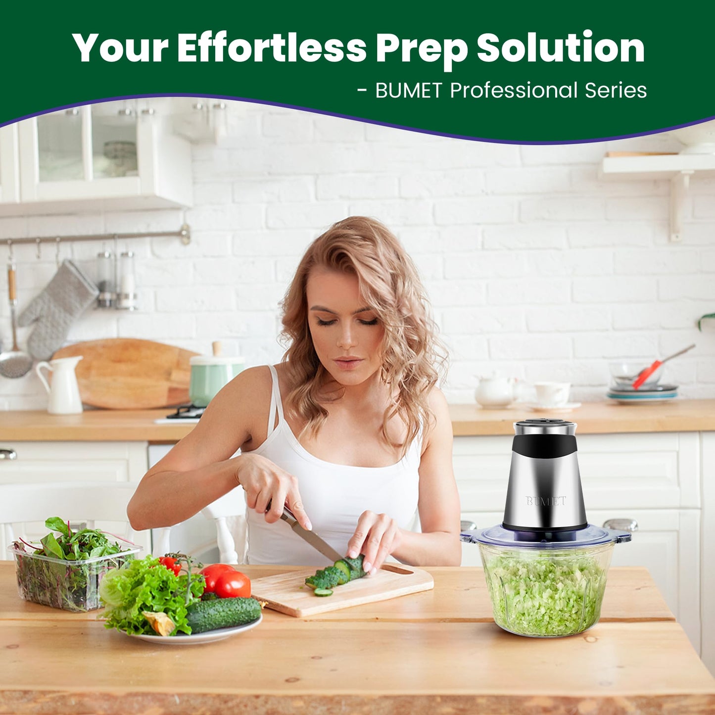 BUMET Electric food processor vegetable chopper 500W 2x8cup bowls 2 bi-layer 4 blades Small Food chopper ideal as Electric Meat grinder for home use,Mincing,chopping for kitchen aid,baby foot,pet food