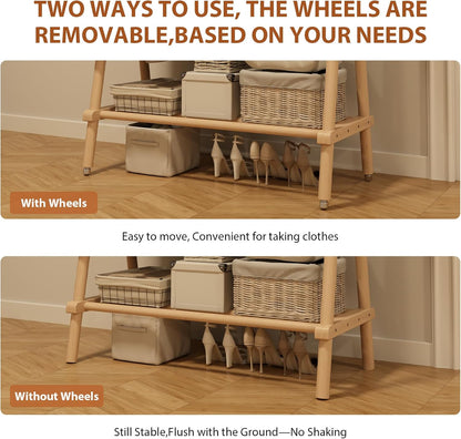Muwuele Solid Wood Clothing Rack - Portable Rolling Garment Rack with Shelves | 350 Lbs Capacity, Natural Finish